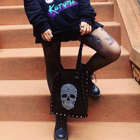 Handcrafted Black Suede Tote with Blue and White Rhinestone Skull - Picture 7 of 9